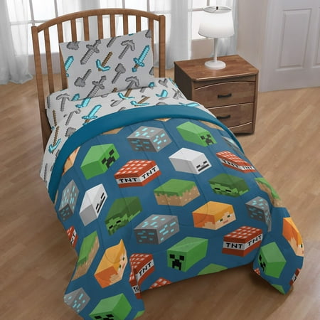 Twin Size Minecraft Builders Boys Blue Comforter Sheet Set 4