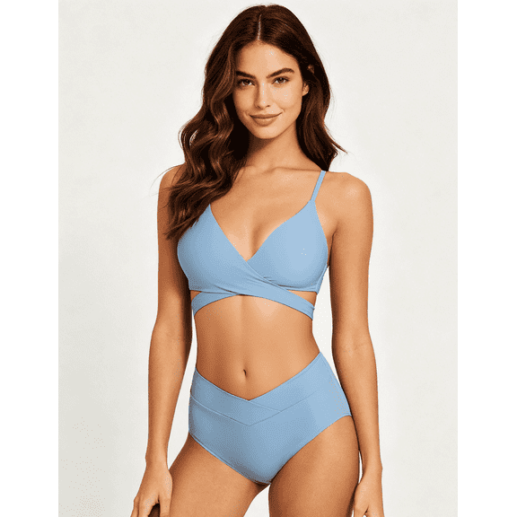 IAIKUO Women's High Waisted Tummy Control Bikini Set, Cross Back Two Piece Swimsuit