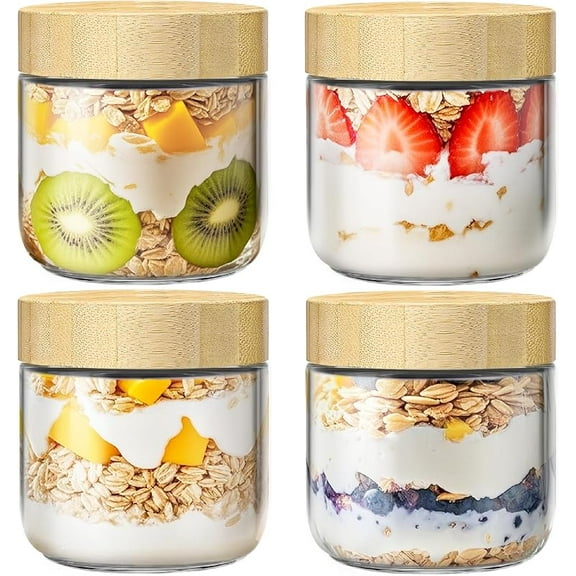 2 pack 10oz Overnight Oats Containers with Bamboo Lids, Glass Jars with Airtight Lids for Meal Prep, Wide Mouth Mason Salad Jars, Glass Food Storage Container for Yogurt Chia Snacks Spice Sugar