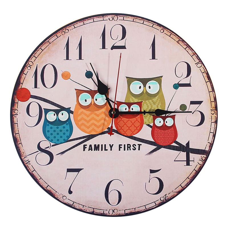 Large Wooden Owl Wall Clock Vintage Rustic Shabby Retro Home Art Decor Gift 