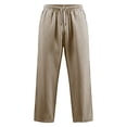 thumbnail image 5 of JUUYY Men's Cotton Linen Striped Pants Loose Wide Leg Casual Trousers with Pockets Drawstring Elastic Waist Lightweight Beach Pants Khaki L, 5 of 8