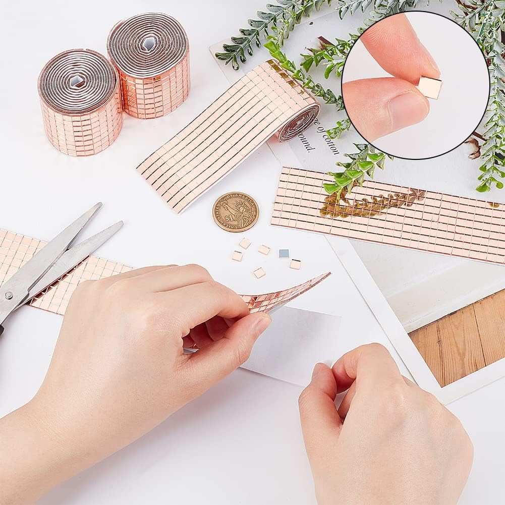 4800pcs Self-Adhesive Mosaic Tiles Rose Gold Square Glass Mirror Tiles Self Adhesive Disco Ball Tiles for DIY Craft Photo Frame Home Theme Party Disco Decoration 3Roll 3rolls