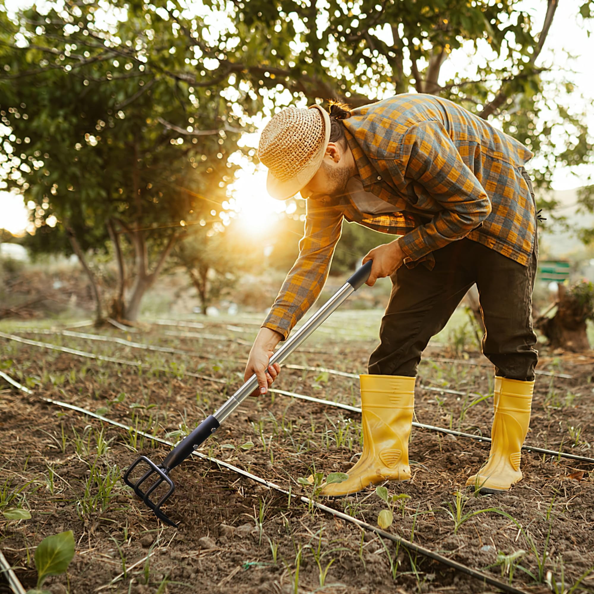 Long Hand Cultivator  Carbon Steel & Stainless Tiller Garden With Telescopic Handle And Soft Cover For Digging Loosening Weeding