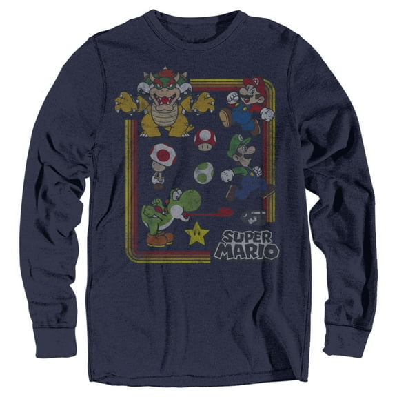 Men's Nintendo Super Mario Rainbow Frame Long Sleeve Shirt Navy Blue 2X Large