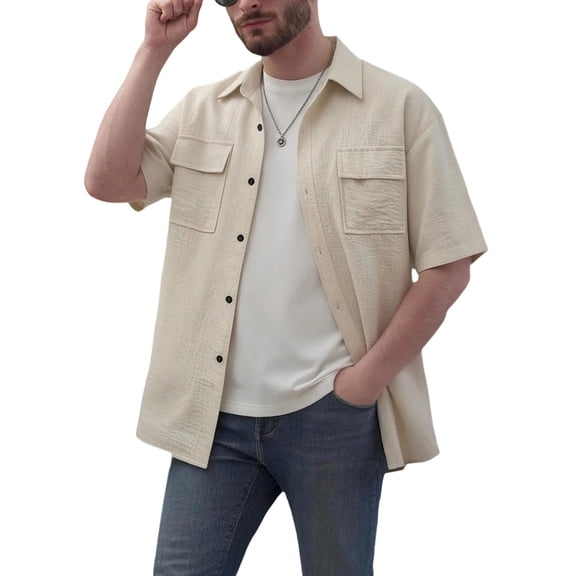 LIaqionyy Short Sleeve Button down Shirts for Men Casual Summer Collar Solid Color Beach Shirt with Pocket