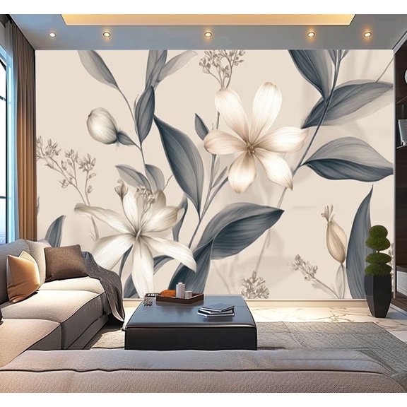 Peel and Stick Wallpaper Waterproof Floral Farm Floral Wildflowers Leaves Stems Buds Beige Hand drawn Wall Mural Decor Self Adhesive and Removable 100in x 144in