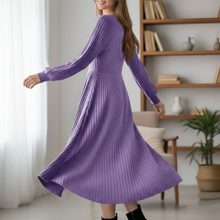 ZQUUVOU Women's Ribbed Sweater Dress Long Sleeve Round Neck Comfortable  Maxi Tunic Business Casual Formal Outfits Purple - Walmart.com