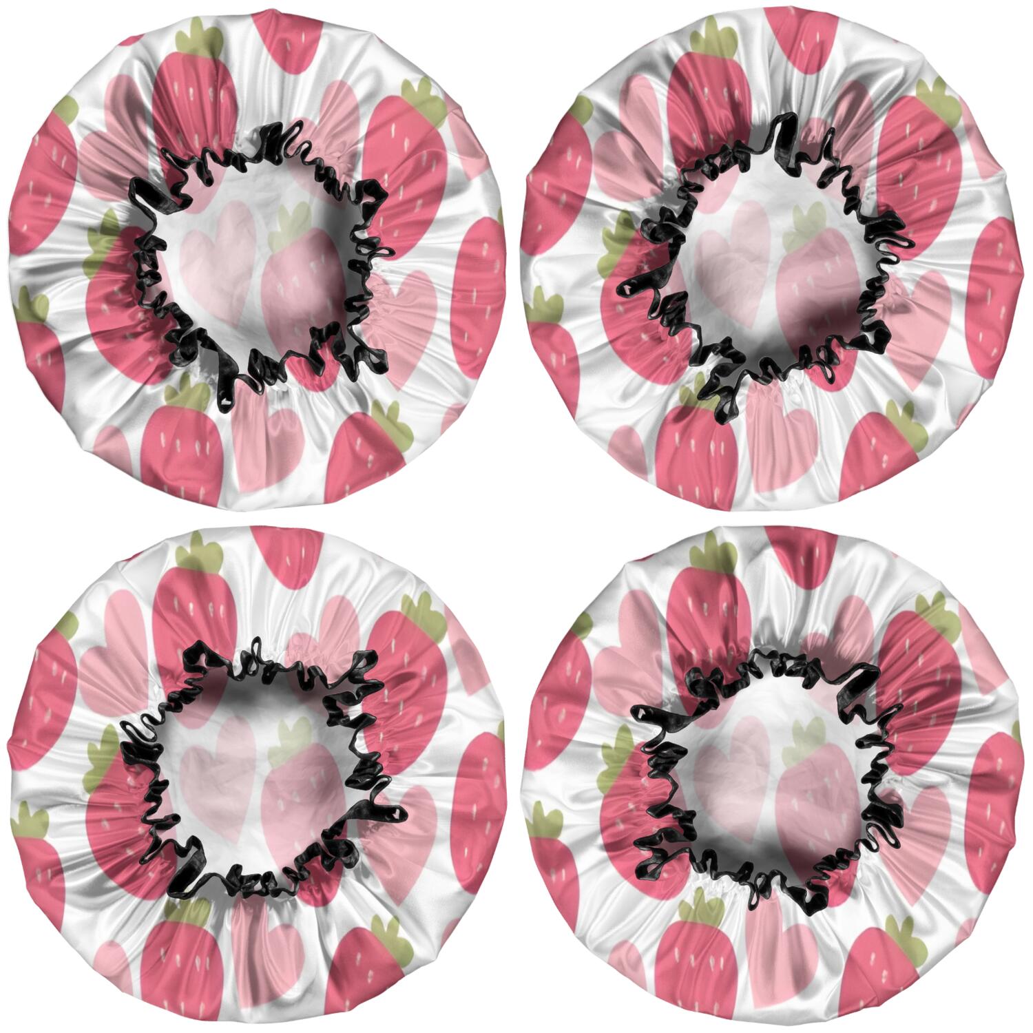 Shower Caps,Strawberry Plants Fruit Heart White Pattern Waterproof Shower Cap for Women 4 Pieces,Double Reusable Hair Cover for Shower PEVA Elastic Stretch Hem