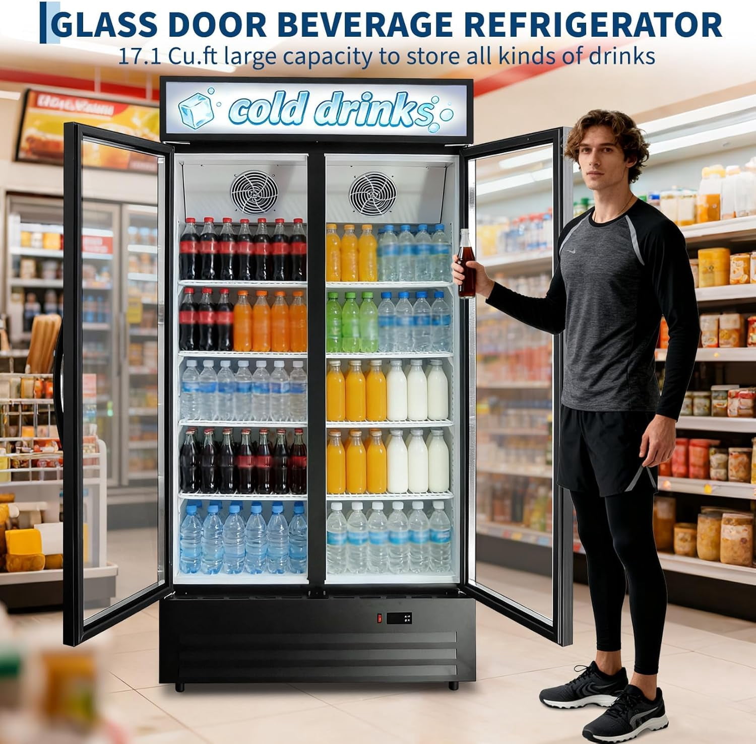 IdealHouse 34.8 Cu.ft Commercial Beverage Fridge, Double Glass Door Display Refrigerator with Adjustable Shelves, Customizable LED Lightbox & Frost-Free System, Beverage Cooler, Black