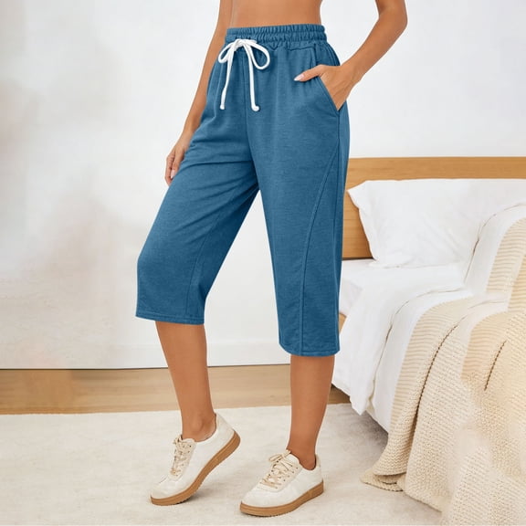 Maqroz Pull On Capris for Women Drawstring Elastic Waist Pants Breathable Workout Clothing Fashion Solid Color Cropped Pant with Pockets