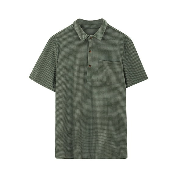 matoen Men's Casual Polo Collar Short Sleeve Tops Home Vintage Button Blouse Have Pockets Solid Color Loose Shirt