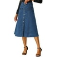 thumbnail image 4 of GRACE & GRANDEUR Womens' Stretchy High Waist Buttons Front A-Line Flowy Midi Skirts with Pockets S Blue, 4 of 7