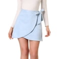 thumbnail image 1 of Allegra K Minifalda corta cruzada con lazo en la cintura y ante sintético para mujer Azul claro L, 1 of 5