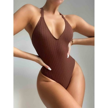 

Finelylove Sexy Swimsuit For Women Tummy Concealing Sport Bra Style Bikini Brown L