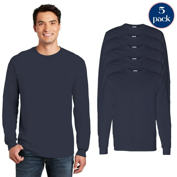 Gildan Men's Heavy Cotton Long Sleeve T-Shirt, Everyday Wear 5 Pack T-Shirts, Navy, S