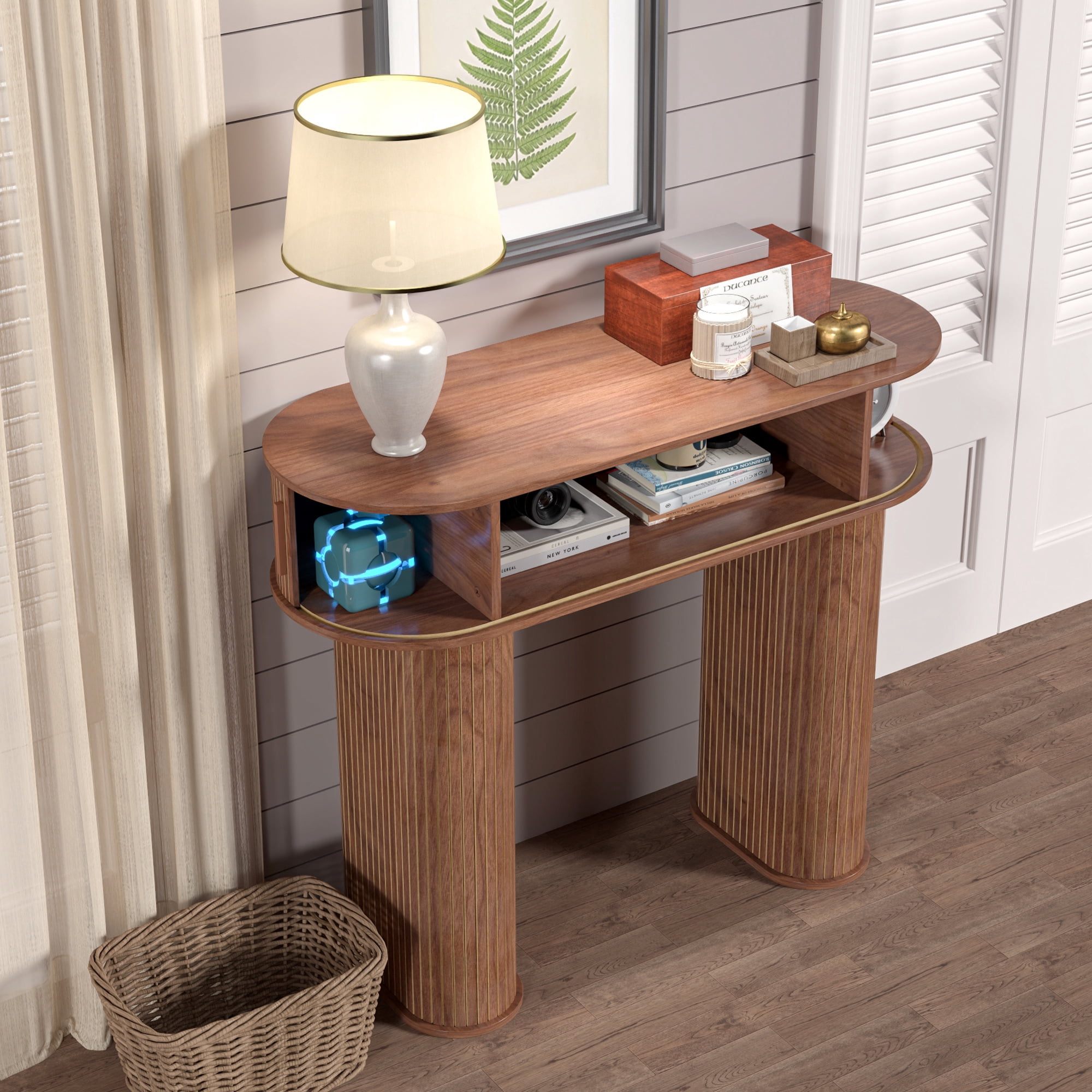 Furtivusia Console Table with Storage, Entryway Table with Sliding Door, Wood Sofa Table for Living Room, Foyer, Hallway, Walnut Color