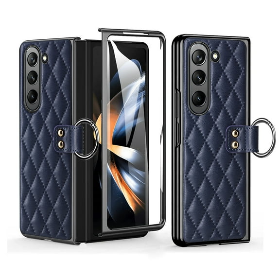 ELEHOLD for Samsung Galaxy Z Fold5 2023 Leather Case,Elegant Luxury Plating Frame Shockproof Anti-Scratch Case with Ring Holder Built-in Tempered Glass Screen Protector for Galaxy Z Fold 5, Blue