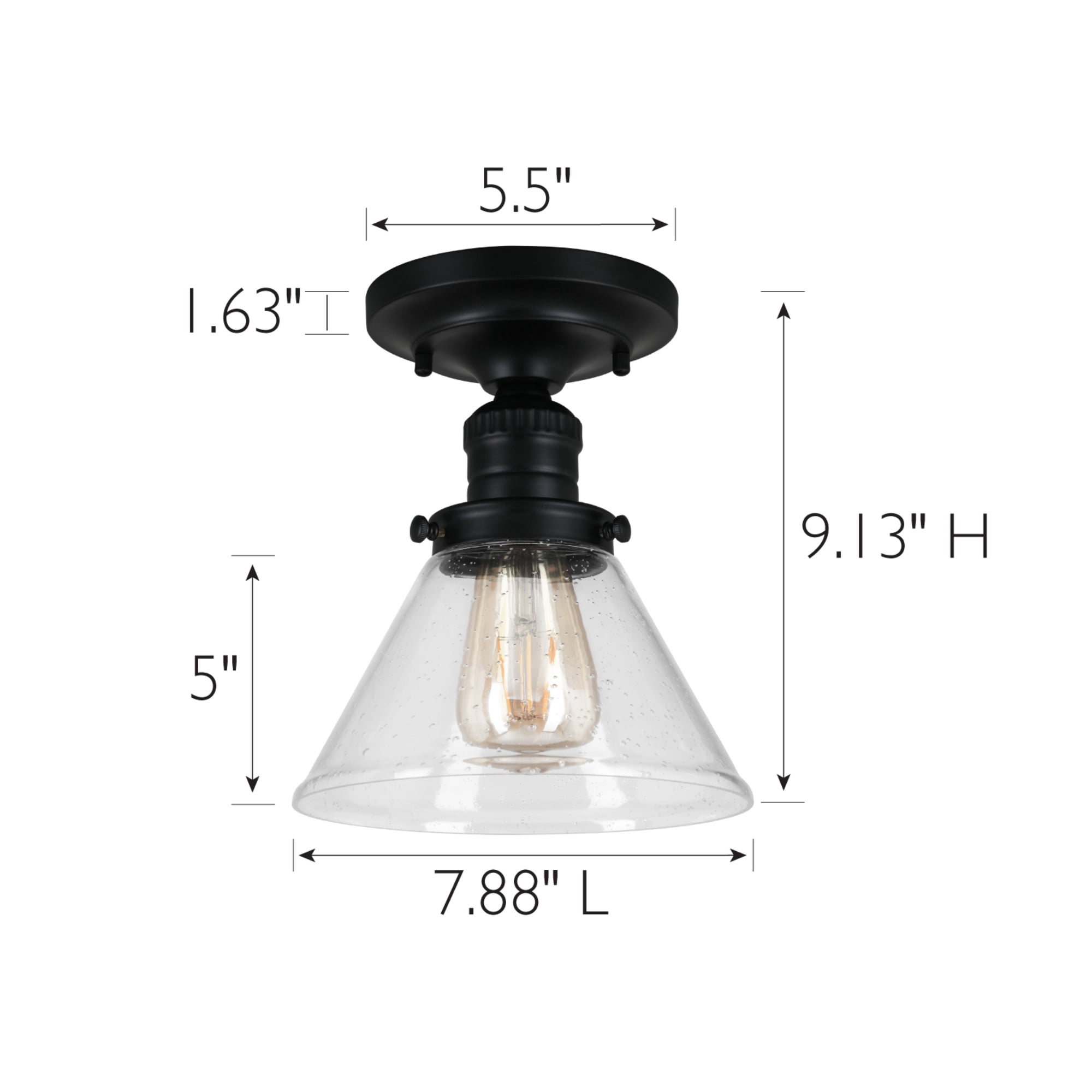 Corwin Ceiling Light, 1-Light Black Semi-Flush Fixture with Seeded Glass, Dimmable, 7.9 in L x 7.9 in W x 9.1 in H