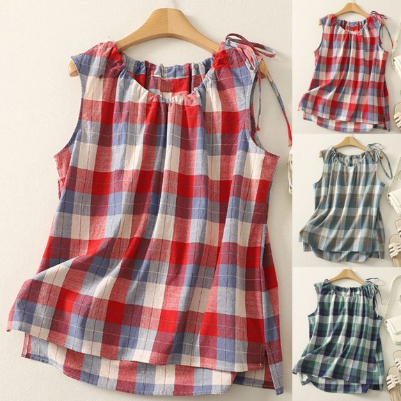 Fshinging Plaid Drawstring Tank Tops For Women Sleeveless Casual Shirts Loose Fit Tees Blue L