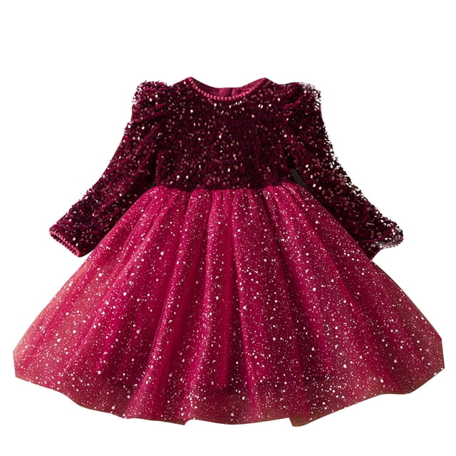 PEZHADA Robe d'Hiver pour Bébé Fille Robe d'Hiver à Manches Longues à Sequins Robe de Princesse Étrangère Robe de Mode Patchwork en Gaze