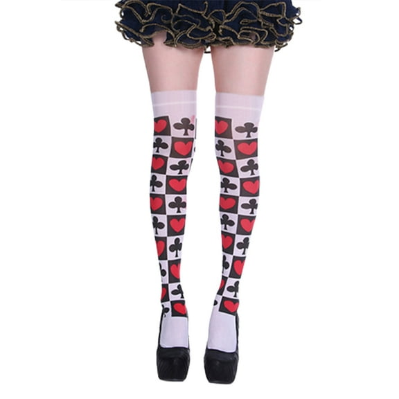 Yokua Halloween Women Thigh High Stockings Poker Card Suit Print Over Knee Long Socks