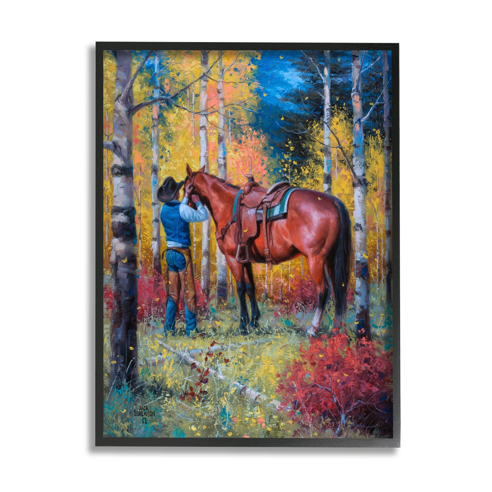 Stupell Industries Cowboy Strapping Colt Horse Wild West Fall Forest,16 x 20, Design by Jack Sorenson