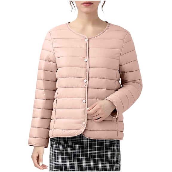 Sexlip Womens Winter Coats Quilted Crew-Neck Puffer Jakcet Lightweight Warm Down Coat Trendy Plus Size Padded Outerwear Pink XXXL
