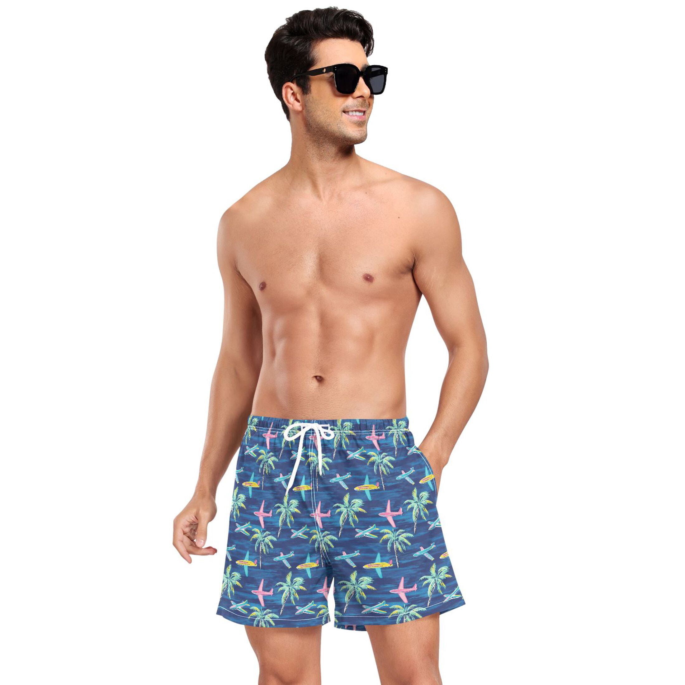 joogoo Men's Airplanes Palm Trees Swim Trunks with Liner Pocket Beach Shorts XL