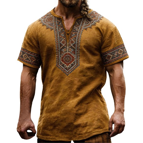 Medieval Viking T-Shirt for Men Ethnic Printed Summer Boho Short Tee Retro V Neck Cotton Linen Beach Hippie Shirt