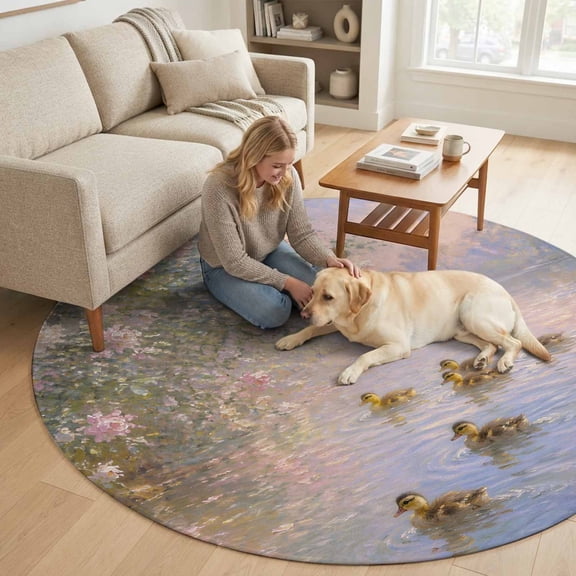 River Ducks 6FT Round Area Rugs for Living Room Country Vintage Coastal Tree Pink Flowers Landscape Ultra-Thin Non-Slip Round Rugs Washable Low Pile Circle Carpet for Bedroom Kitchen Nursery