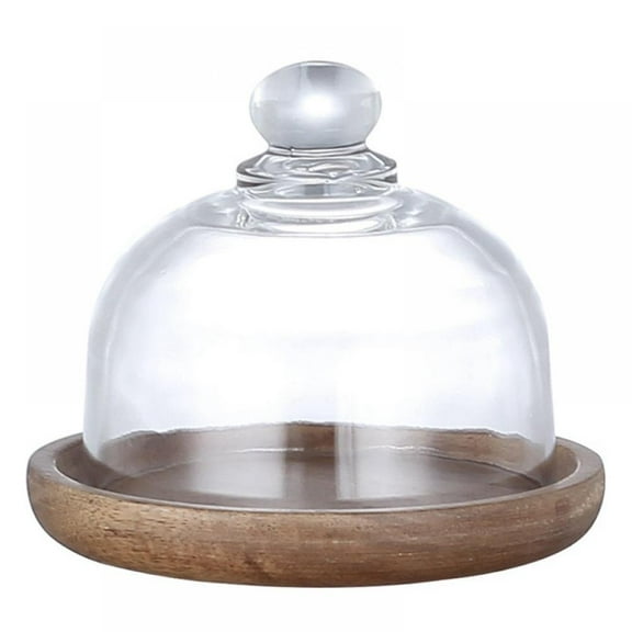 Wood Round Dessert Tray with Dome for Food Cake Serving Plate Mini Cheese Plant Platter with Glass Top and Wooden Base