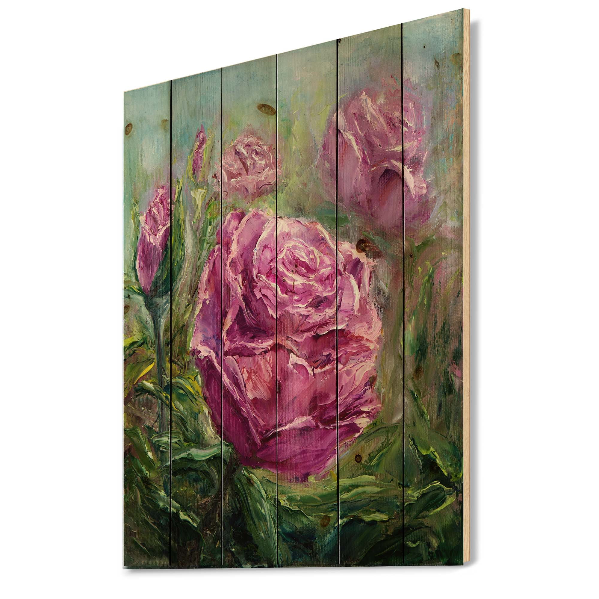 Designart 'Abstract Pink Peonies' Traditional Print on Natural Pine Wood