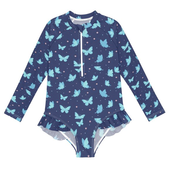 Blue Butterflies One-Piece Swimsuit Long Sleeve UV Sun Protection UPF50 Rashguard Front Zip Quick-Dry Swimwear for 3-12 Years