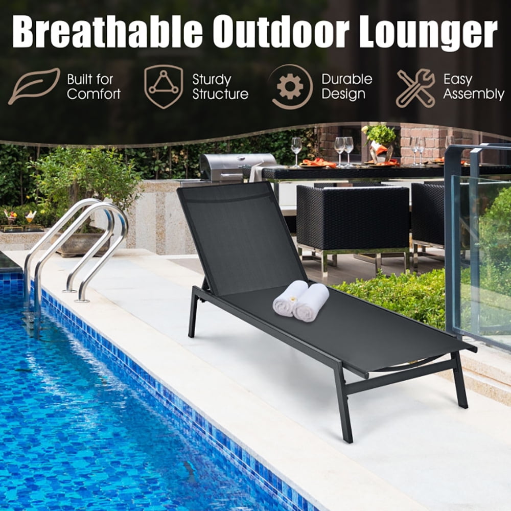 Aimee Lii Outdoor Reclining Chaise Lounge Chair with 6-Position Adjustable Back, Patio Loungers, Black