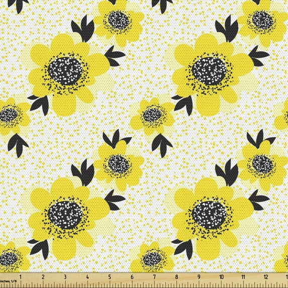 Botanical Fabric by the Yard, Sketchy and Abstract Camellia Flowers in Doodle Style Dots Shapes, Decorative Upholstery Fabric for Sofas and Home Accents, Yellow and Charcoal Grey by Ambesonne