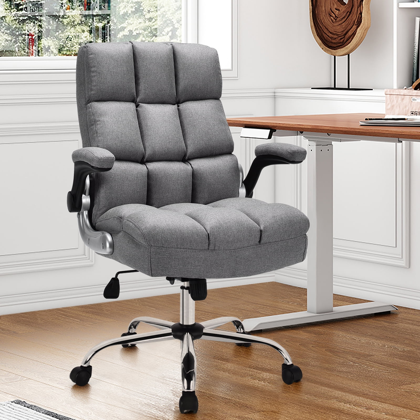 Executive Office Chair, Big and Tall Ergonomic Computer Chair, Adjustable Tilt Angle and Flip-up Armrest Linen Fabric Upholstered Chair with Thick Padding, High Back Managerial Chair (Grey)