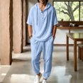 thumbnail image 2 of JUUYY Mens 2 Piece Linen Set Long Sleeve Button Down Casual Hoodie Shirt and Loose Jogger Pants Sets Beach Vacation Summer Outfits Light Blue XXL, 2 of 9