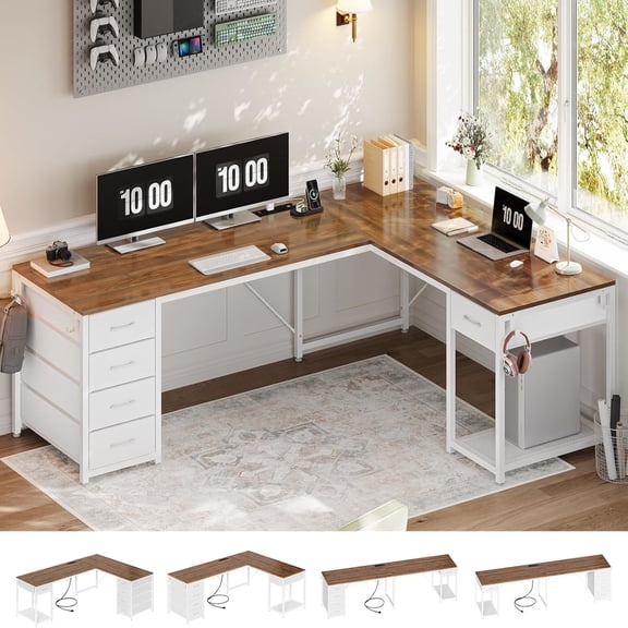 L Shaped Desk with Storage, Two Person Desk with Power Outlets & Spacious Desktop, Corner Computer Desk with 5 Drawers & Open Shelf for Home Office, White & Brown Top