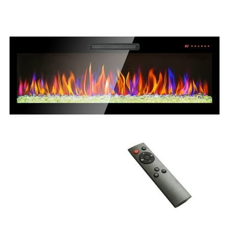 

50 inch recessed ultra thin tempered glass front wall mounted electric fireplace with remote and multi color flame & emberbed LED light heater