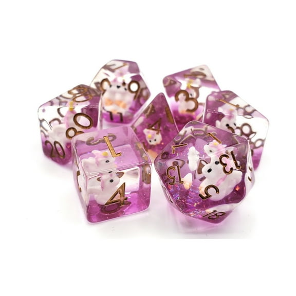 Old School Dice & Accessories Poly Set Pink Unicorn w/Gold (7) New