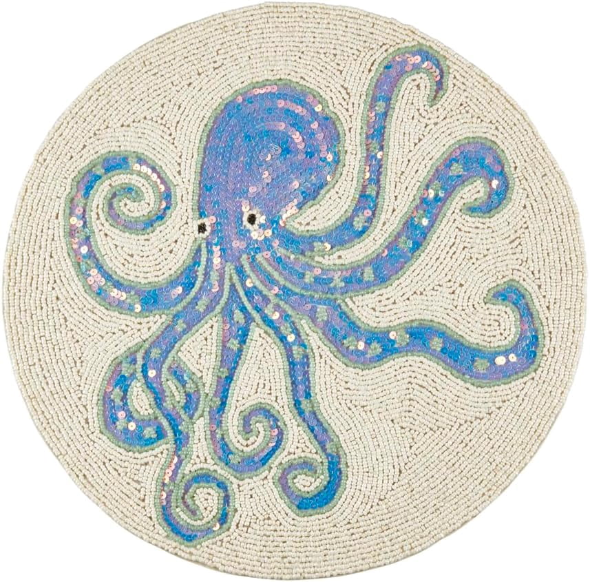 Fennco Styles Beaded Nautical Octopus Placemat 15" Round, 1-Piece - Aqua Handmade Coastal Table Mat for Home Décor, Family Gatherings, Birthdays and Special Events