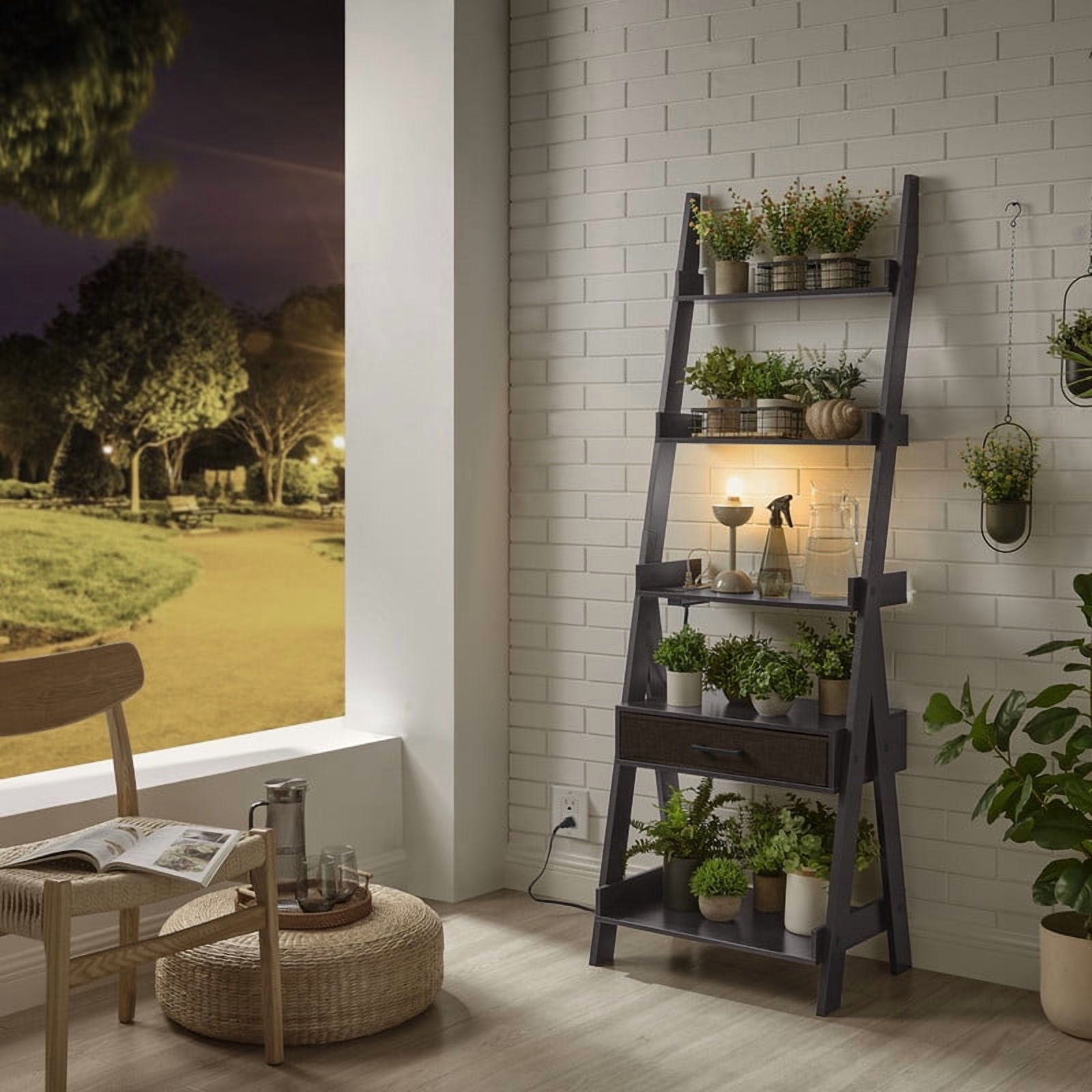 Utopia Alley Ladder Shelf, 5 Tier Ladder Bookshelf with Power Outlet, USB Port, Fast Charging and Drawer, Wood Ladder Shelves, Espresso