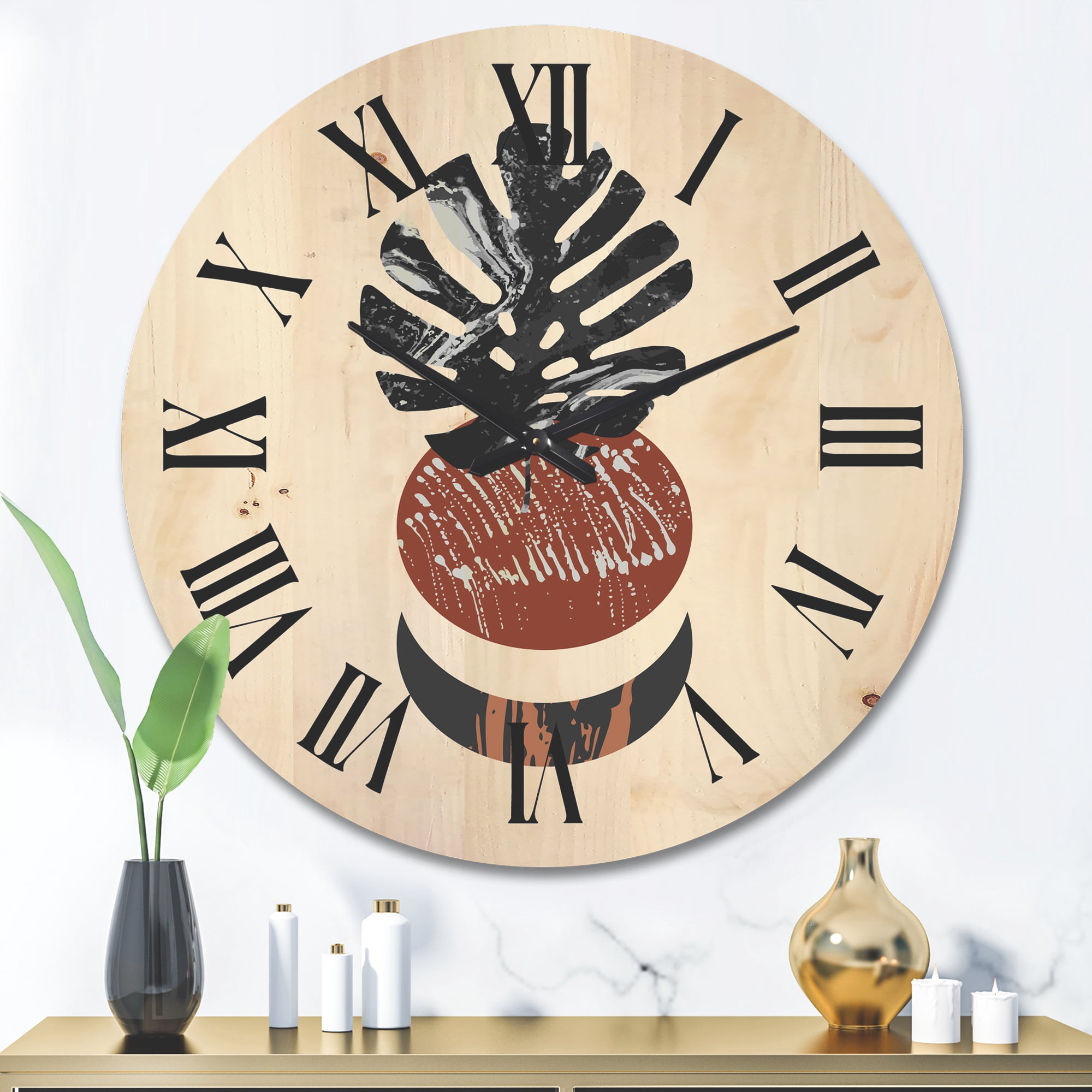 Designart 'Abstact Tropical Palm Leaf, Minimal Sun And Moon II' Modern Wood Wall Clock