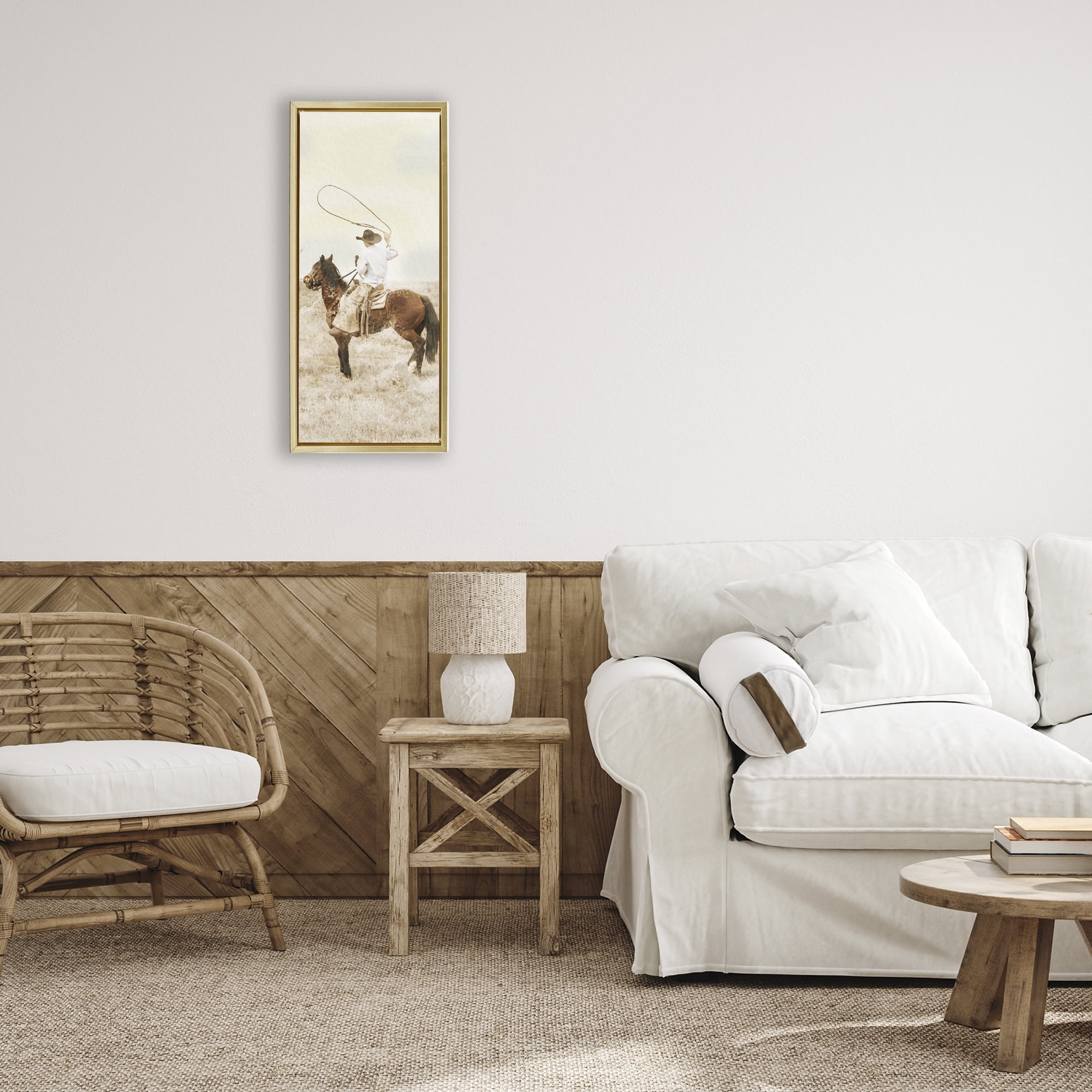 Stupell Industries Wrangling Cowboy Lasso Gold Framed Floater Canvas Wall Art, design by Marcus Prime