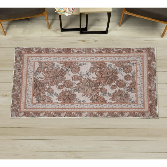 Chrysanthemum Decorative Rug, Vintage Floral Garden Art of Summer Blossoms Nature Romance Print, Quality Carpet for Bedroom Dorm and Living Room, 6 Sizes, Pale Rust, by Ambesonne