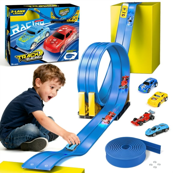 Flooyes Double Flexible Race Car Track Set For Kids, Soft Road With 4 Little Car, Gift For Kids Boys Girls 3 4 5 6 