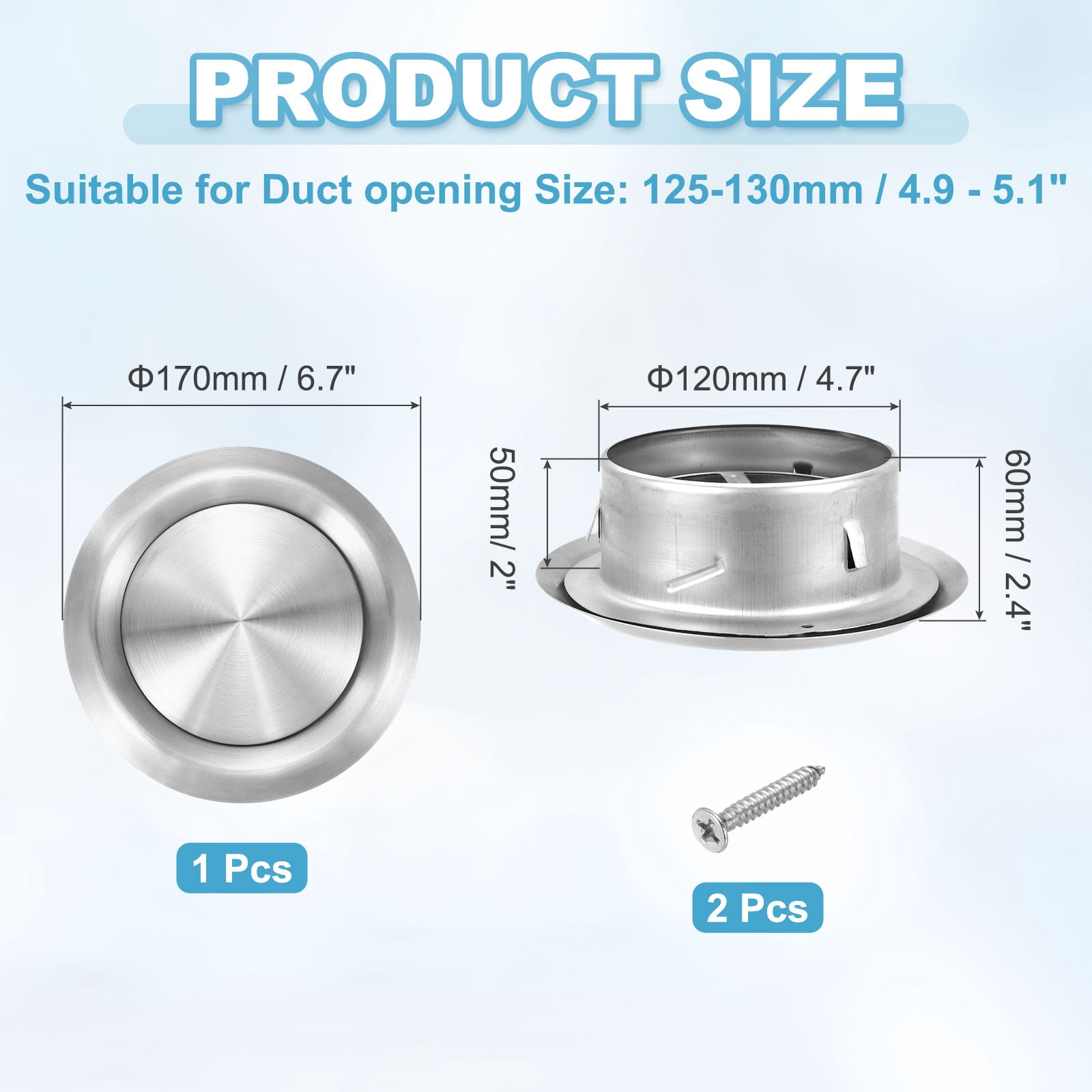 Uxcell 1Set 5 Inch Round Ceiling Diffuser, 304 Stainless Steel Adjustable Wall Air Vent Diffuser Vent Duct Cover Exhaust Supply for Kitchen Bathroom Garage, Silver