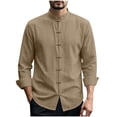 thumbnail image 2 of Mifsaly Men's Linen Shirts Mandarin Collar Long Sleeve Chinese Frog Button Tops Lightweight Casual Spring Fall Vacation Clothes Khaki,XXL, 2 of 9