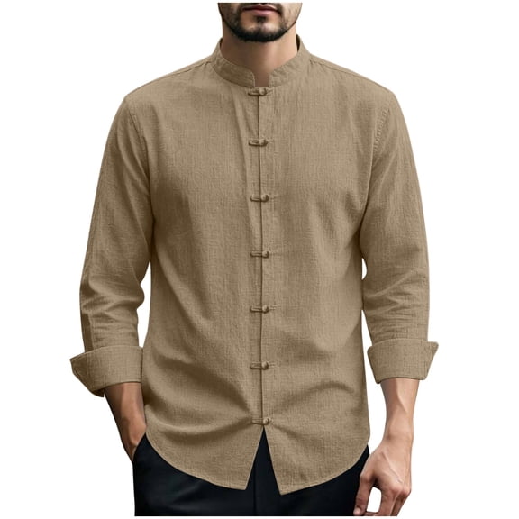 Timoontee Men Mandarin Collar Frog Button Long Sleeve Linen Shirt Loose Relaxed Fit Breathable Oriental Vintage Daily Resort Casual Tops Yellow M