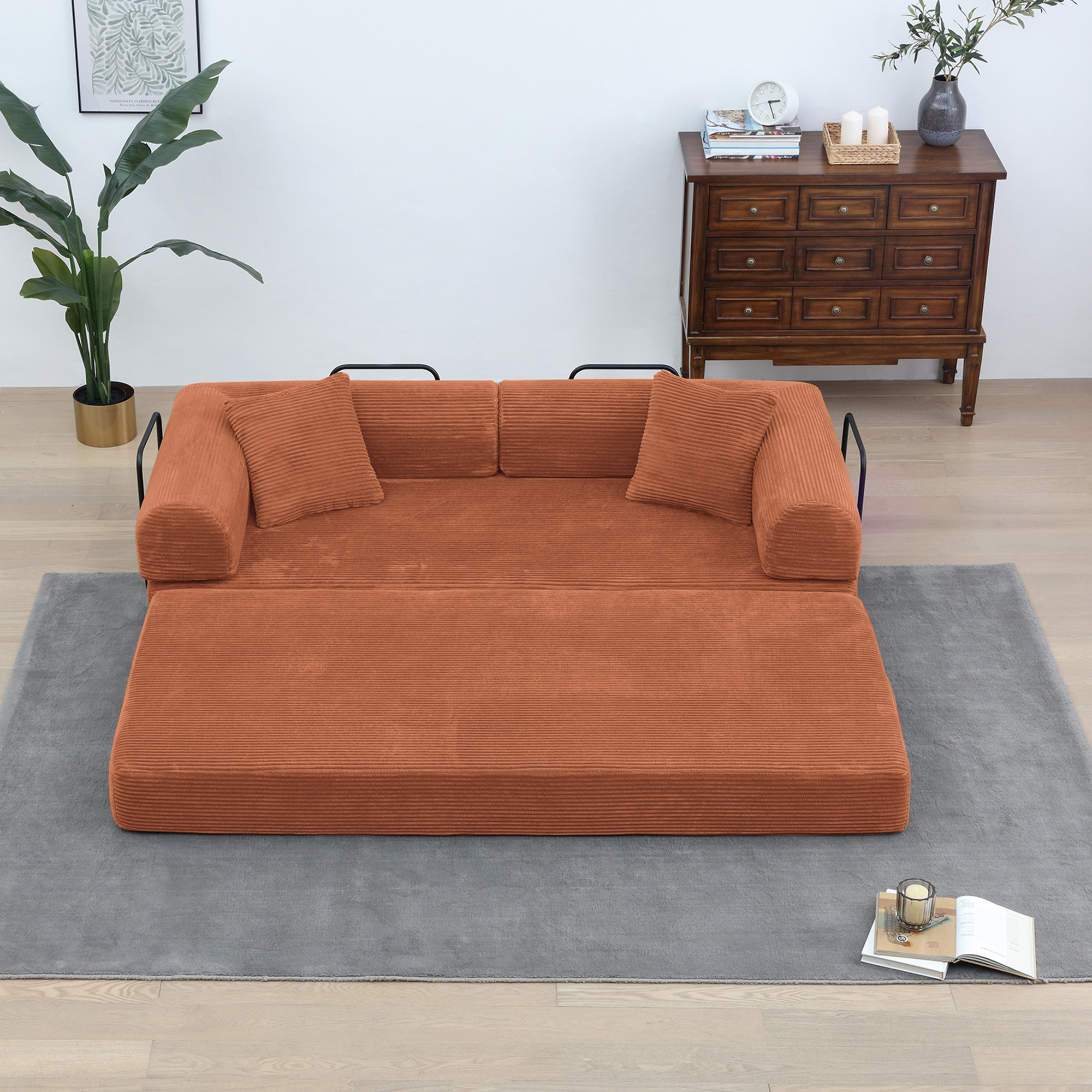 Miniyam Convertible Sleeper Sofa Bed with Cylindrical Pillow - Corduroy Folding Mattress Couch with Fixed-Shape Frame for Living Room, Bedroom, Lounge, Studio - Orange